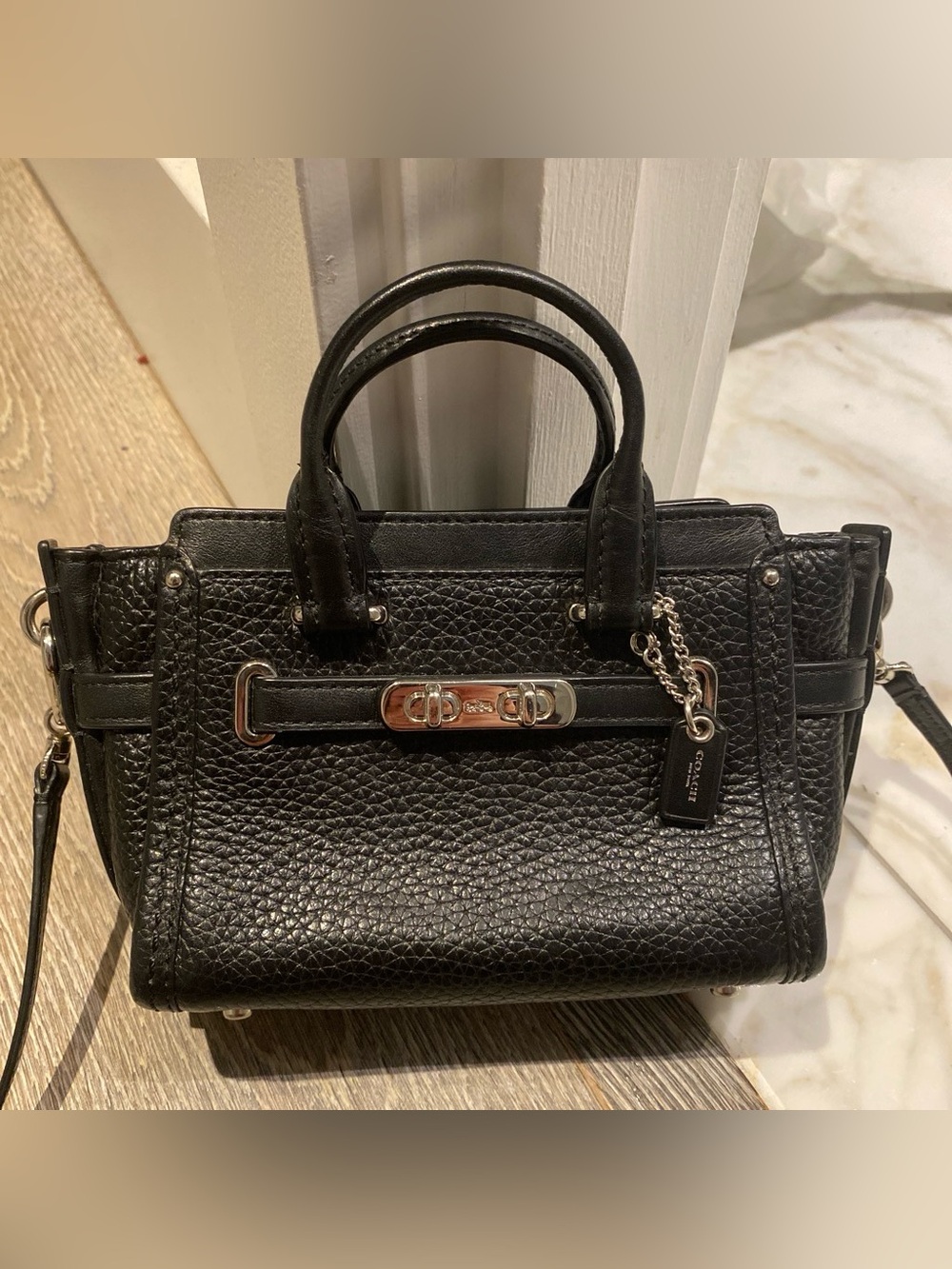 Swagger 21 Coach Pebbled Black Leather Satchel with Turnlock Accent